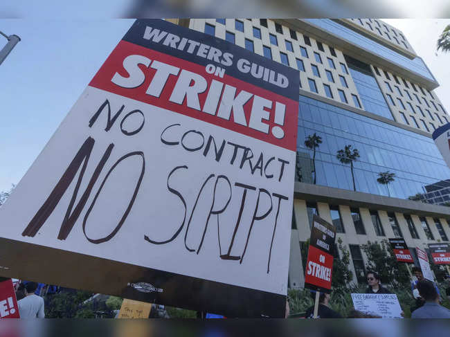 Members of the Writers Guild of America, picket outside the Netflix, Inc., build...