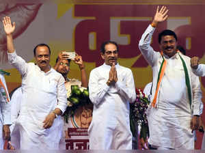 Mumbai: Shiv Sena-UBT President Uddhav Thackeray with  NCP leader Ajit Pawar,Maharashtra Congress chief Nana Patole and others during Mahavikas Aghadi's 'Thunderbolt' public meeting,in Mumbai,on Monday, May 01, 2023.(Photo:IANS)