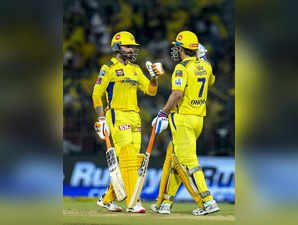 Chennai: Chennai Super Kings batters MS Dhoni and Ravindra Jadeja during the IPL...