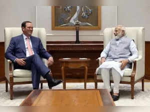 New Delhi: Prime Minister Narendra Modi meets Cisco Chair and CEO Chuck Robbins,in New Delhi,on Wednesday, May 10, 2023. (Photo:IANS/Twitter)