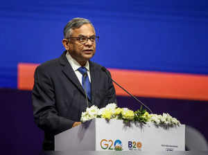 Gandhinagar: Tata Sons Chairperson N. Chandrasekaran addresses during the openin...