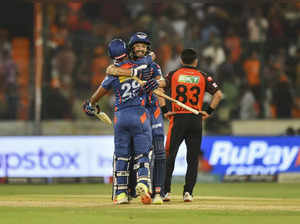 Hyderabad: Lucknow Super Giants batters Prerak Mankad and Nicholas Pooran celebr...