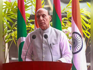Male : Defence Minister Rajnath Singh addresses during hands over a Fast Patrol Vessel and a Landing Craft Assault ship to Maldives on Day 2 of his visit, in Male ,on Tuesday, May 2, 2023. (Photo:IANS/Twitter)