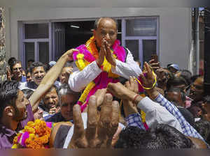 Newly elected Mayor of Shimla Surender Chauhan with supporters, in Shiml....