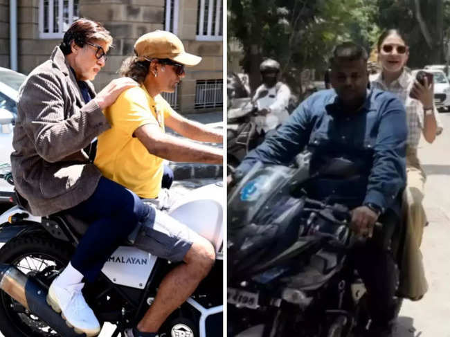 ​In different incidents, Amitabh Bachchan and Anushka Sharma were spotted pillion riding on bikes in the city without helmets.​