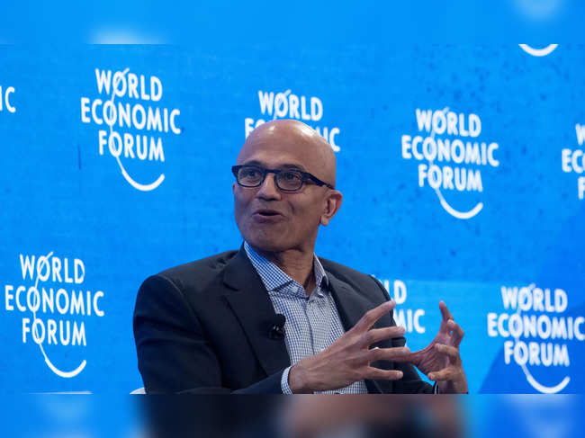 FILE PHOTO: CEO of Microsoft Nadella speaks during a discussion at the World Economic Forum in Davos