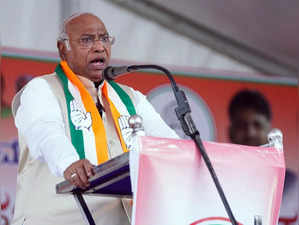 Chikmagalur: Congress President Mallikarjun Kharge addresses during a public meeting ahead of Karnataka Assembly Election 2023 ,in Chikmagalur, on Monday, April 24, 2023. (Photo:IANS/Twitter)
