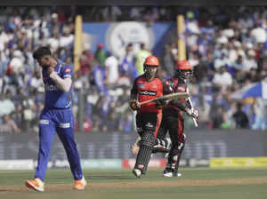 Mumbai: Sunrisers Hyderabad batters Vivrant Sharma and Mayank Agarwal run betwee...