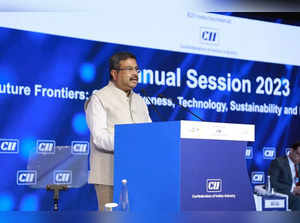 New Delhi: Education Minister Dharmendra Pradhan speaks during the CII Annual Session 2023, in New Delhi, Wednesday, May 24, 2023. (Photo:IANS/Twitter)