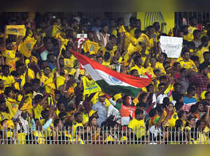 Chennai: Chennai Super Kings fans cheer during the IPL 2023 cricket match betwee...