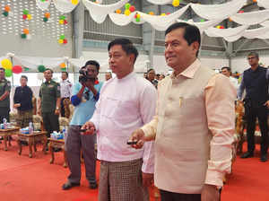 Sittwe: Union Ports, Shipping & Waterways Minister Sarbananda Sonowal with Myanm...
