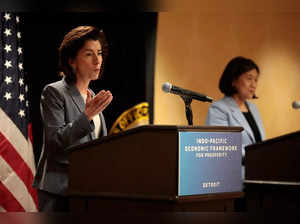 US Secretary of Commerce Gina Raimondo (L) and Trade Representative Katherine Tai speak at the closing news conference of the Indo-Pacific Economic Framework Ministerial meeting  in Detroit, Michigan, on May 27, 2023.   (Photo by JEFF KOWALSKY / AFP)