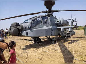 Bhind: View of Indian Air Force’s (IAF) AH-64 Apache helicopter after it made a ...