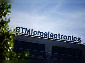 The logo of STMIcroelectronics is seen outside a company building in Montrouge