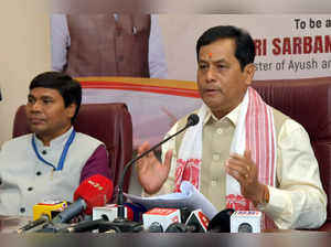 Guwahati: Union Minister for Ports, Shipping, Waterways and AYUSH Sarbananda Sonowal addresses a press conference on Curtain Raiser on 75 Days to International Day of Yoga 2023, in Guwahati, on Thursday, April 06, 2023.(Photo:IANS/Twitter)