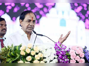 Hyderabad_ Telangana Chief Minister K. Chandrasekhar Rao addresses during the inauguration of the new Secretariat building in Hyderabad on Sunday, April 30, 2023. (Photo_IANS_Twitter).