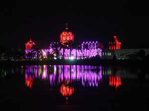 Agartala: Tripura Ujjayanta Palace is illuminated ahead of the G20 programme, in...
