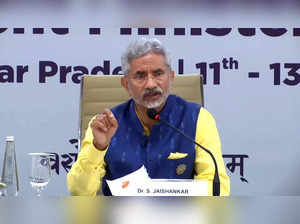 Varanasi: External Affairs Minister S Jaishankar briefs media after G20 Development Ministersâ meeting in Varanasi, Monday, June 12, 2023. (Photo:IANS/Twitter)