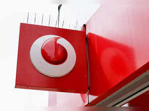 The logo of Vodafone is seen at a Vodafone store in Northwich