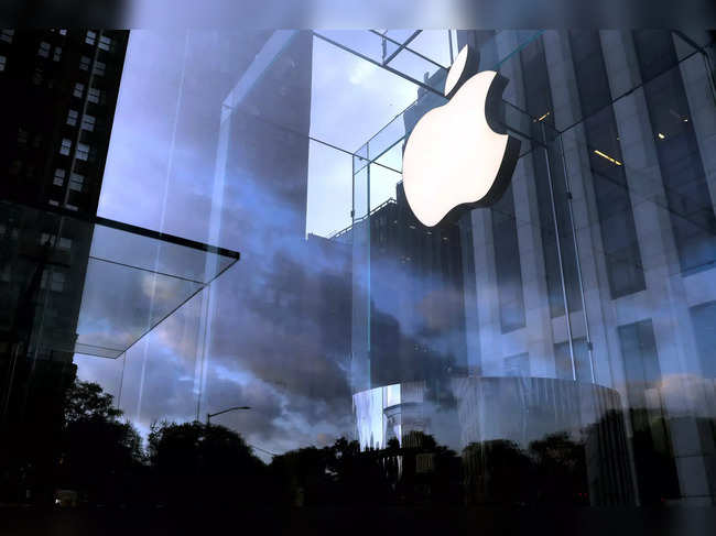 FILE PHOTO: The Apple Inc. logo is seen hanging at the entrance to the Apple store on 5th Avenue in New York