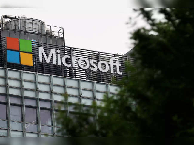 FILE PHOTO: Logo of Microsoft is pictured on its office building in Beijing