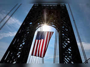 US flag hangs from George Washington Bridge on Flag Day in New York