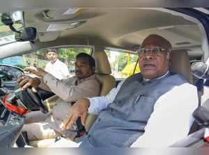 New Delhi: Congress President Mallikarjun Kharge leaves after meeting President ...