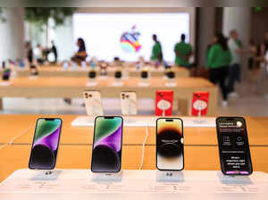 Apple iPhones are seen inside India's first Apple retail store, a day ahead of its launch, in Mumbai