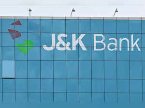 The logo of J&K Bank is pictured on a building façade in Mumbai on June 17, 2023. (Photo by Indranil MUKHERJEE / AFP)