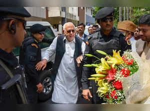 Bengaluru: Jammu and Kashmir National Conference chief Farooq Abdullah arrives t...