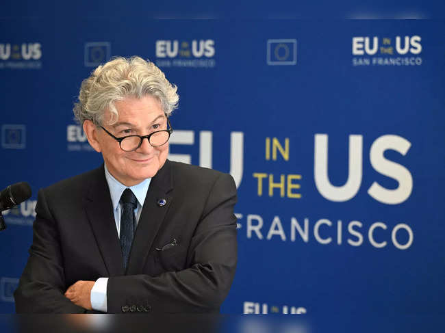 European Commissioner for Internal Market, Thierry Breton, speaks during a news conference at the European Union office in San Francisco, California, on June 22, 2023.  (Photo by Josh Edelson / AFP)