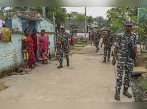 Birbhum: Security personnel patrol ahead of the West Bengal panchayat elections,...
