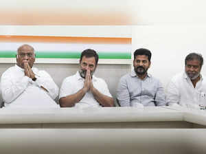 New Delhi: Congress President Mallikarjun Kharge with party leaders Rahul Gandhi...