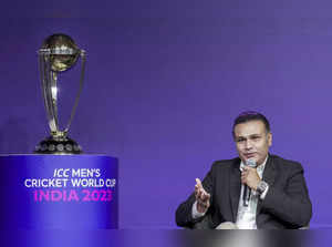 Mumbai: Former cricketer Virender Sehwag speaks during the announcement of ICC M...