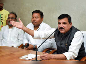 Prayagraj: Aam Aadmi Party (AAP) leader Sanjay Singh speaks during a press confe...