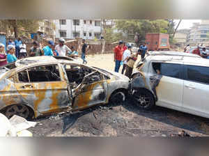 Panaji: A driver died after his speeding car crashed into parked vehicles triggering a fire, in the early hours at Tonca in Panaji on Thursday, March 16, 2023. (Photo: Atish Naik/IANS)