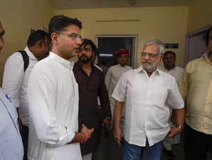 New Delhi: Congress leaders Sachin Pilot and CP Joshi after a meeting on Rajasth...