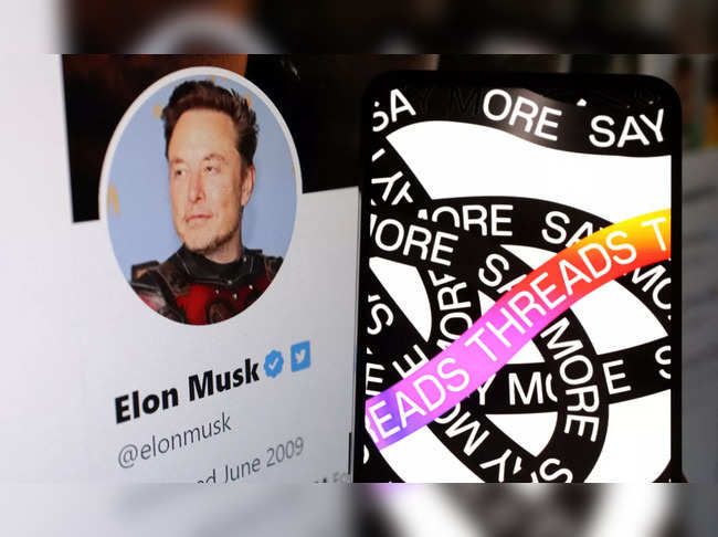 Illustration shows Meta Threads app logo and Elon Musk Twitter account