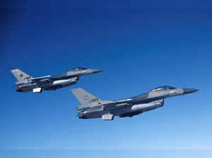 Netherlands' Air Force F-16 fighter jets fly during a media day