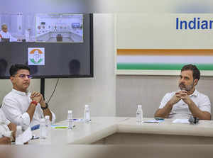 New Delhi: Congress party leaders Rahul Gandhi and Sachin Pilot during a meeting...