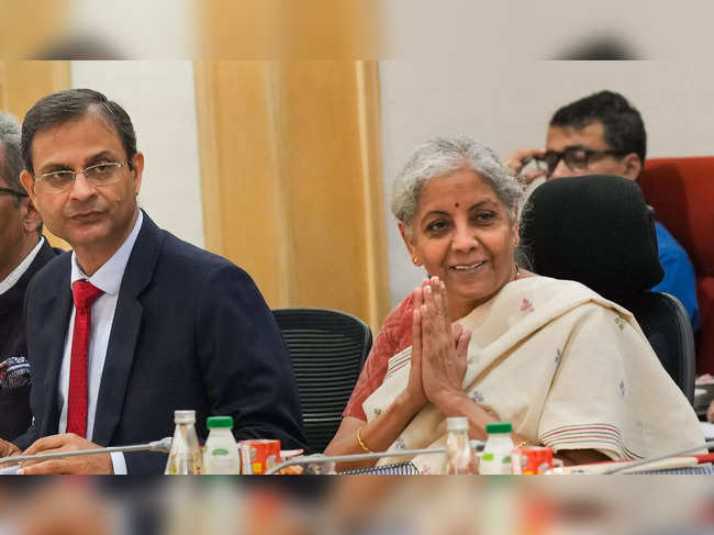 New Delhi: Union Finance Minister Nirmala Sitharaman with Revenue Secretary Sanj...