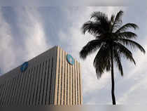 The logo of SBI is seen on the facade of its headquarters in Mumbai