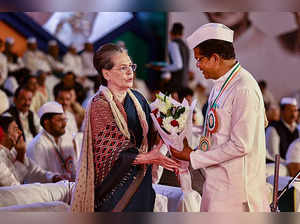 Senior Congress leader Sonia Gandhi being greete...