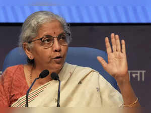 New Delhi: Union Finance Minister Nirmala Sitharaman briefs the media after the ...