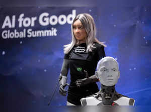 Humanoid AI robot "Ameca" (R) and CEO female robot "Mika" (L) attend what was presented as the World's first press conference with a panel of AI-enabled humanoid social robots as part of International Telecommunication Union (ITU) AI for Good Global Summit in Geneva, on July 7, 2023. The United Nations is convening this week a global gathering to try to map out the frontiers of artificial intelligence and to harness its potential for empowering humanity, hoping to lay out a clear blueprint on the way forward for handling AI, as development of the technology races ahead the capacity to set
