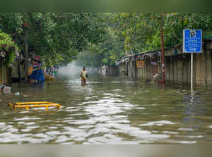 New Delhi: A man wades through a waterlogged road as the swollen Yamuna river in...