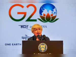 Gandhinagar: United States Treasury Secretary Janet Yellen addresses the media d...