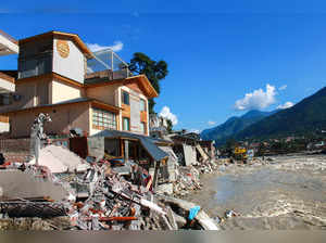 Kullu: Damaged buildings following flash floods triggered by a cloudburst, in Ku...