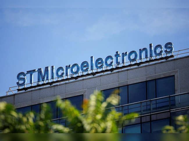 The logo of STMIcroelectronics is seen outside a company building in Montrouge