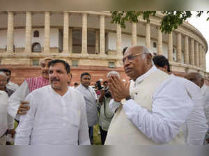 New Delhi: Congress President Mallikarjun Kharge with AAP MP Sanjay Singh and ot...